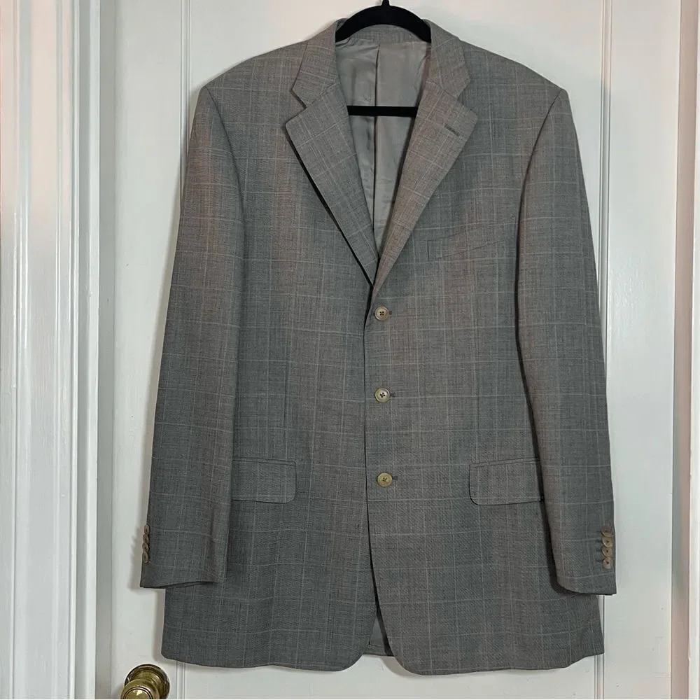 ERMENEGILDO ZEGNA wool gray window pane plaid suit jacket blazer size 54L 44L US
